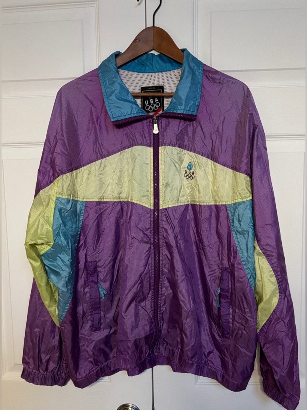 Vintage USA Olympic Windbreaker Jacket Mens XL Colorblock 90s Track Retro Purple